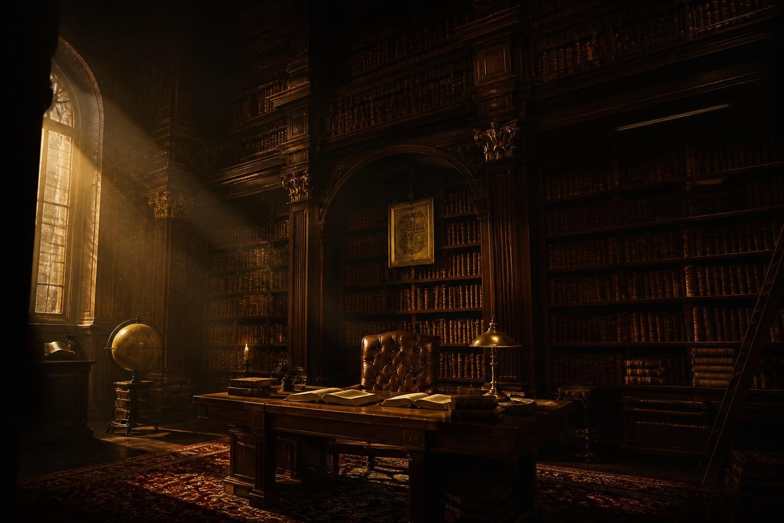 Biblioteca clássica de teologia iluminada por luz dourada