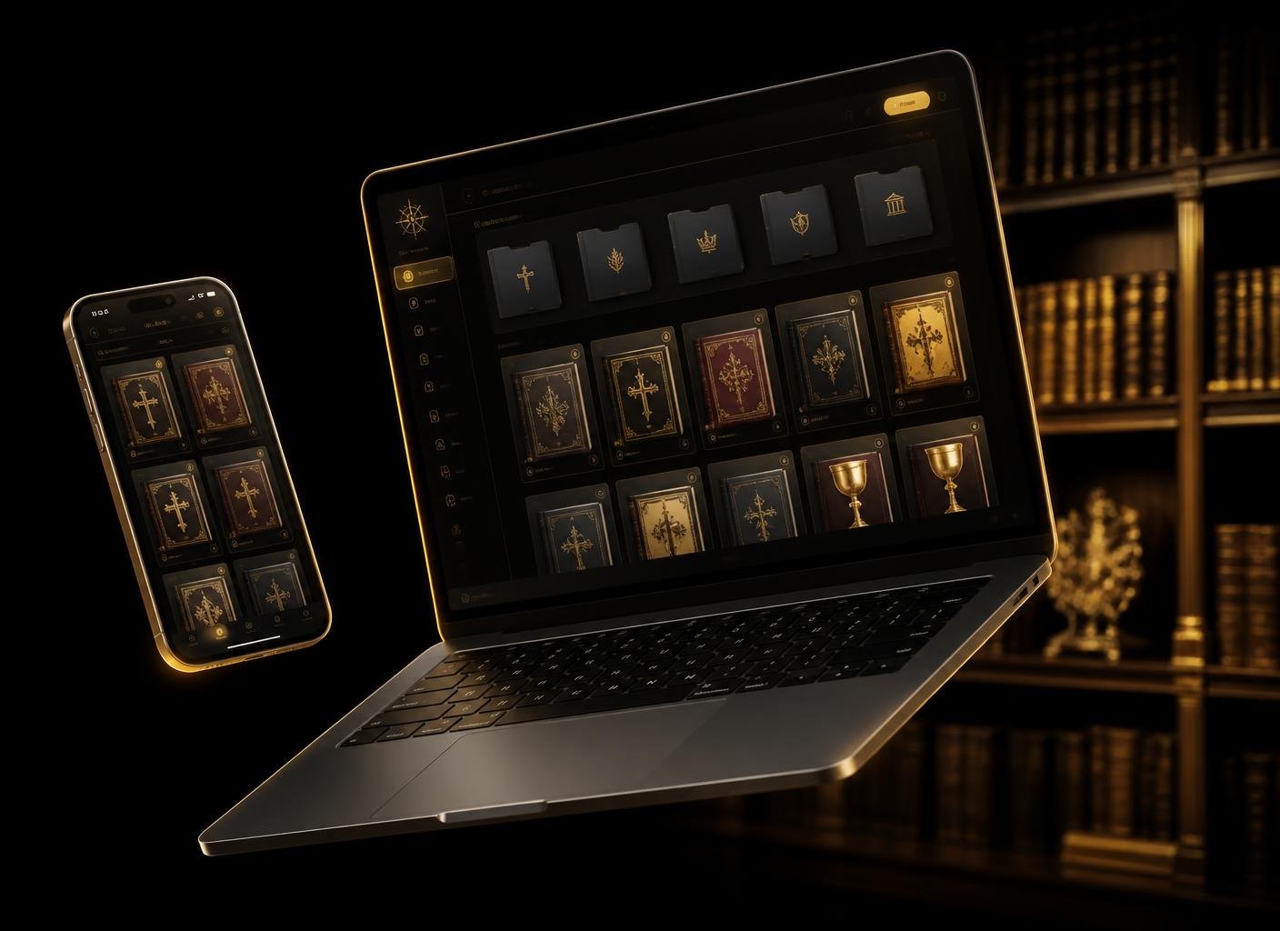 Biblioteca digital de teologia aberta no notebook e no celular